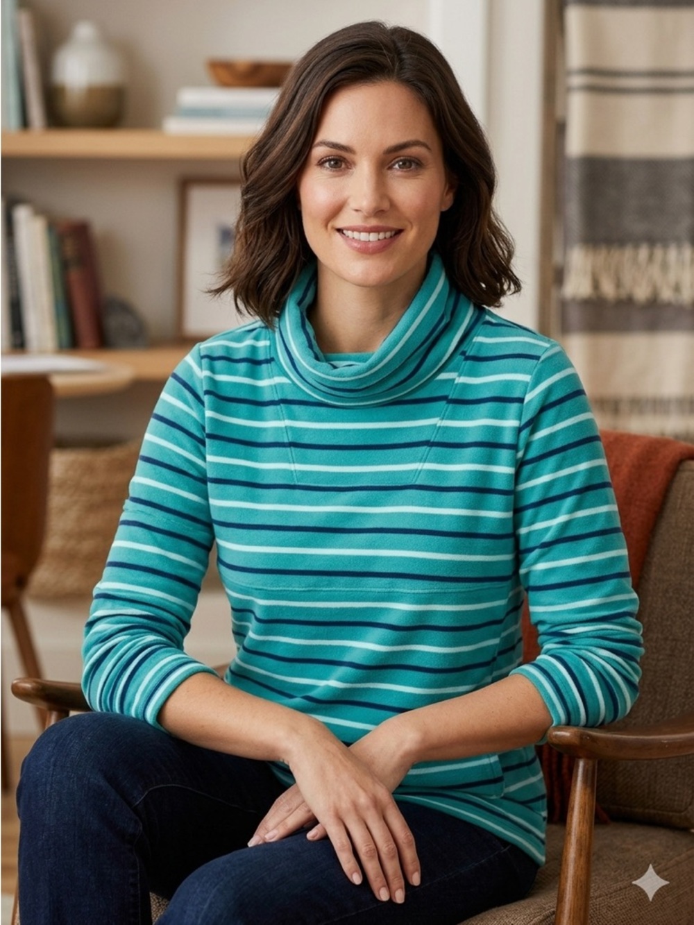 L.L. Bean Teal Striped Cowl-Neck Sweater